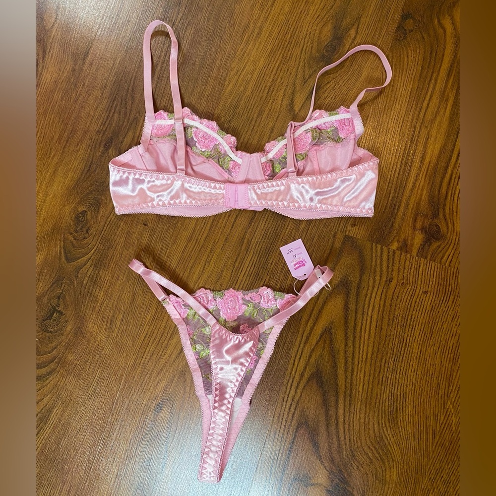 🎀🌷 Ethereal Pink Satin & Sheer Floral Embroidery Lace 2 Pc Lingerie Set 🌷🎀 NWT - Picture 7 of 13
